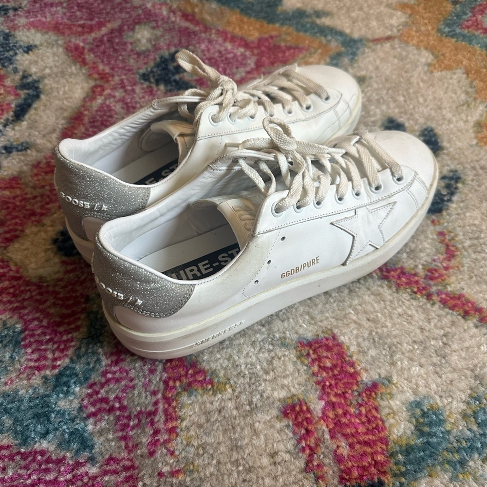 Golden Goose White and Silver Sneakers